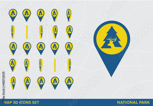 Maps 3D Icon Set Rotation National Park Sign Vector Illustration