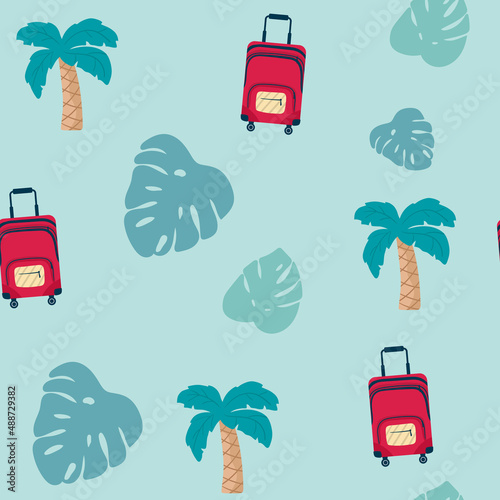 seamless pattern with palm trees , with suitcase on blue . Concept trip on summer vacation. travel,