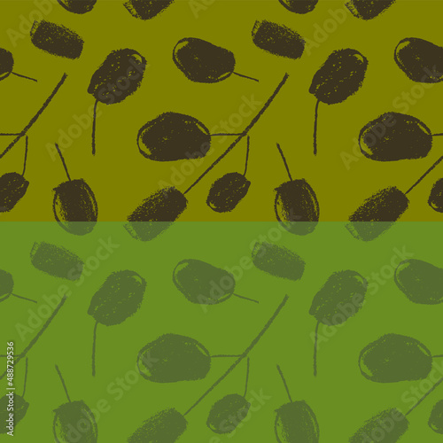 Vector green olive pattern seamless. Olives branch drawings for Italian Extra Virgin Olive Oil. Greek wallpaper. Rural food label, rustic decor. Vegan handmade soap. Vegetarian cosmetic background. © Design Couple