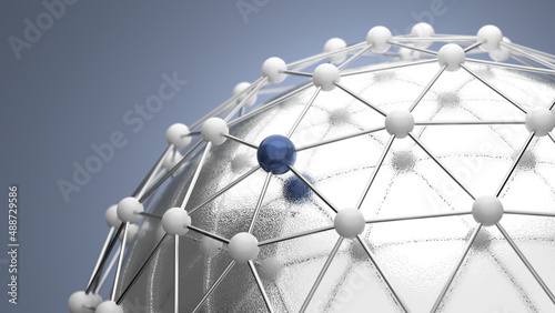 Abstract spherical network grid with connected spheres on blue background with bokeh. Technology, science, communication, teamwork, business concept. 3D rendering