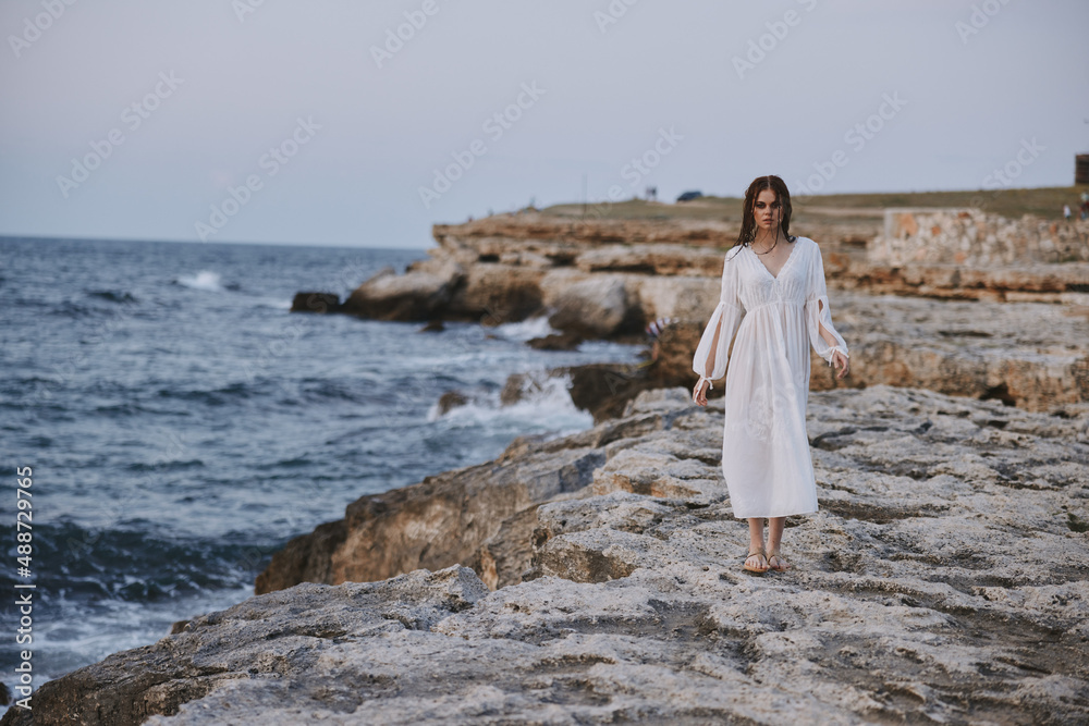 Woman in white dress nature travel lifestyle ocean Woman in white dress nature travel lifestyle ocean
