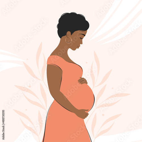 Pregnant african woman, future mom hugging belly with arms. Vector illustration.