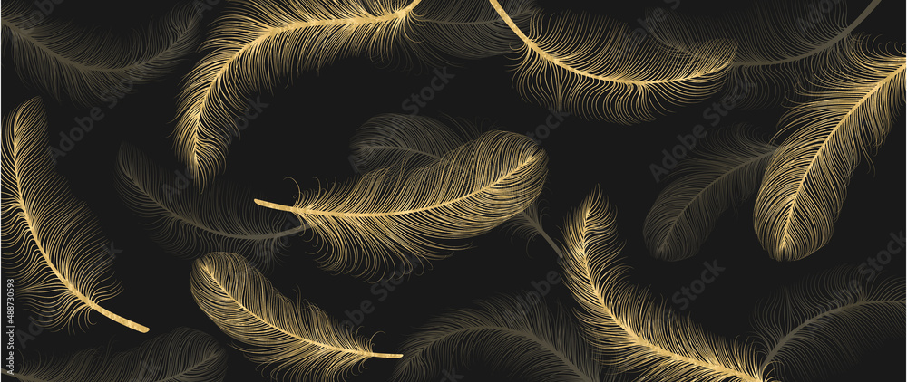 Luxury gold feather on dark background. Golden line art with bird feathers hand drawn wallpaper. Design in seamless pattern for banner, decoration, wall art, invitation, wedding and fabric. - obrazy, fototapety, plakaty 