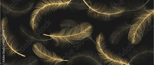 Fototapeta Luxury gold feather on dark background. Golden line art with bird feathers hand drawn wallpaper. Design in seamless pattern for banner, decoration, wall art, invitation, wedding and fabric.