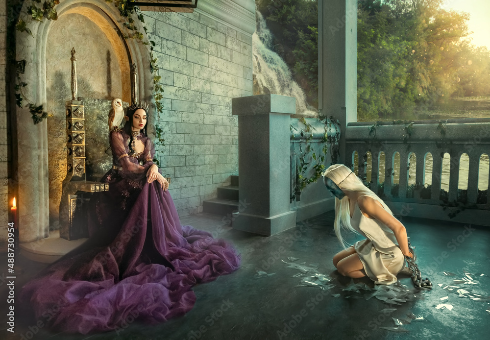 Artwork fantasy fairy evil insidious revenge woman queen sits on throne.  Punishes captive girl princess metal chains. Shackles on hands , mask on  face, kneels. Backdrop terrace medieval ancient room Photos