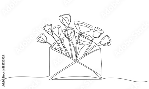 Flower in a letter, envelope. Hand-drawn illustration. Line art.