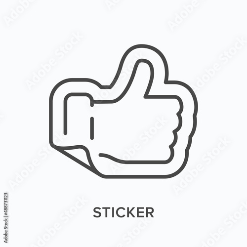 Sticker flat line icon. Vector outline illustration of thumb up. Black thin linear pictogram for stamp finger up