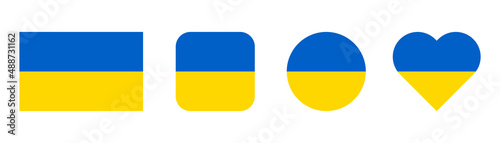 Ukraine flag. Flag of Ukraine. National symbol. Square, round and heart shape. Ukrainian flag symbol. Blue and yellow illustration. Stock vector illustration photo