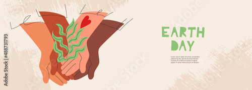 Earth Day concept with diverse women's hands holding green sprout vector cartoon illustration banner. Join eco volunteer team. People love nature. Sisterhood collaboration, friendship, ecology protect