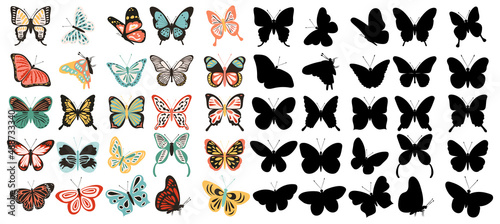 butterflies set silhouette on white background, isolated vector