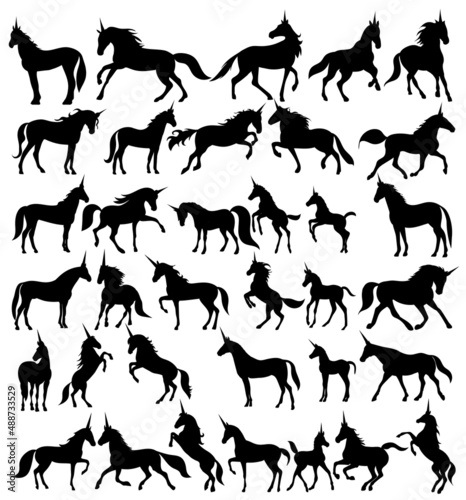unicorn set silhouette on white background, isolated vector