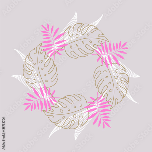 Tropical frame background. Vector line art leaves illustration.