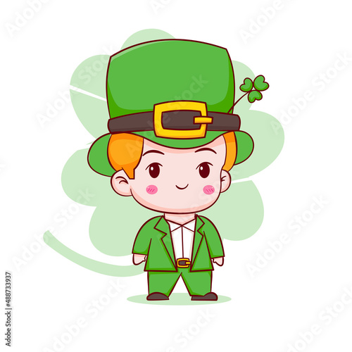 Cartoon illustration of cute Leprechaun chibi character. Happy Saint Patrick day