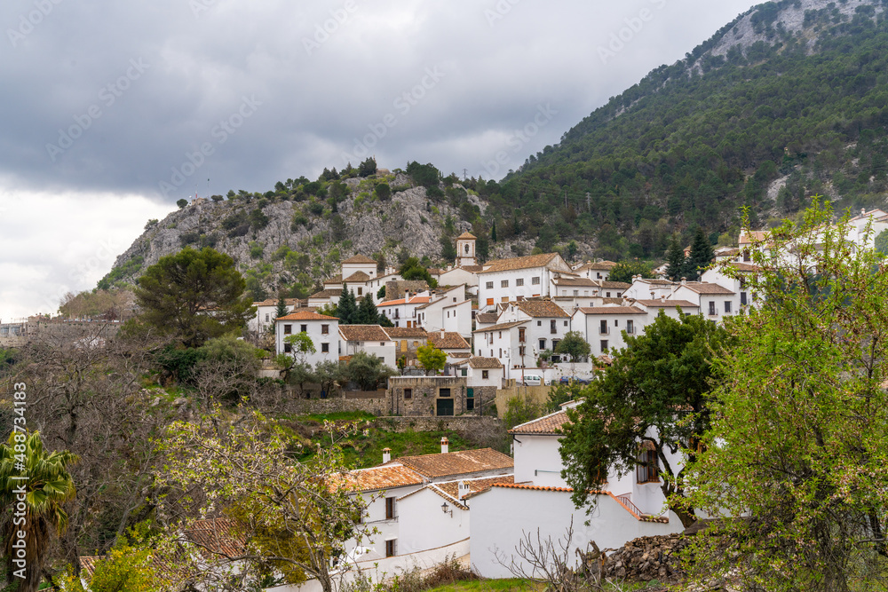 view of the idyllic whitewashed Andalusian mountain village of Grazalema