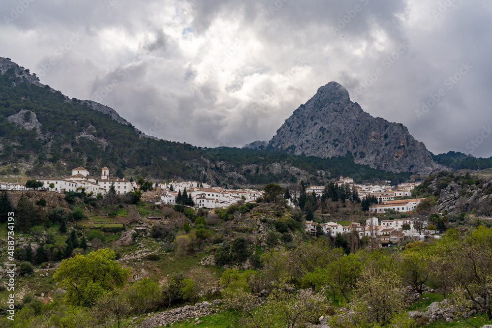 panorama view of the idyllic whitewashed Andalusian mountain village of Grazalema