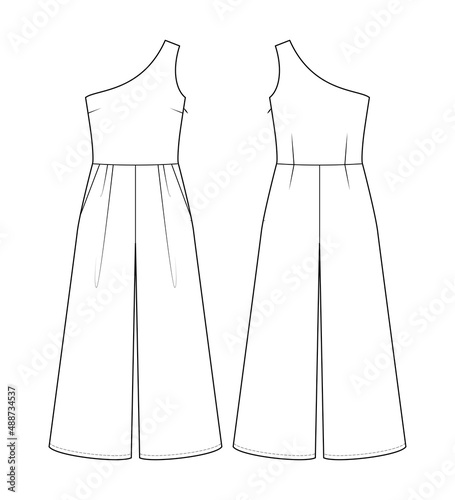 Fashion technical drawing of one-shoulder jumpsuit