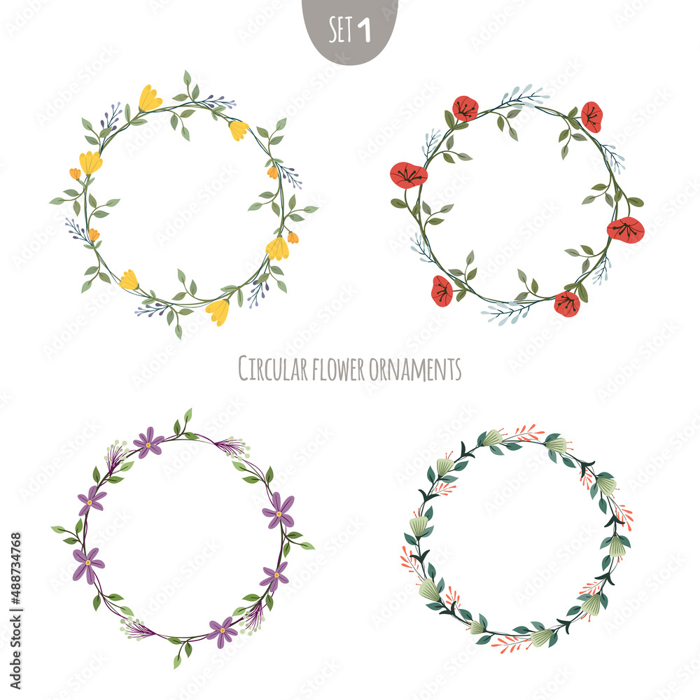 African violet, iris, snowberry, bellflower, fern, daffodil, poppy and heather. Flower wreaths set. Green decorative ivy. Spring floral round frames. Creeper plant flat vector illustration African violet, iris, snowberry, bellflower, fern, daffodil, poppy and heather. Flower wreaths set. Green decorative ivy. Spring floral round frames. Creeper plant flat vector illustration