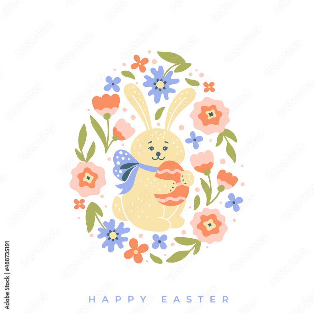 Happy easter card with a bunny and egg on a background of multi colored flowers