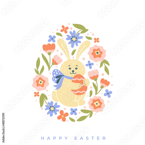 Happy easter card with a bunny and egg on a background of multi colored flowers