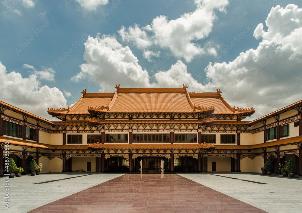 Bangkok, Thailand - Feb 19, 2022 : Architecture of Taiwanese temple-style at Fo Guang San Temple. Selective focus.