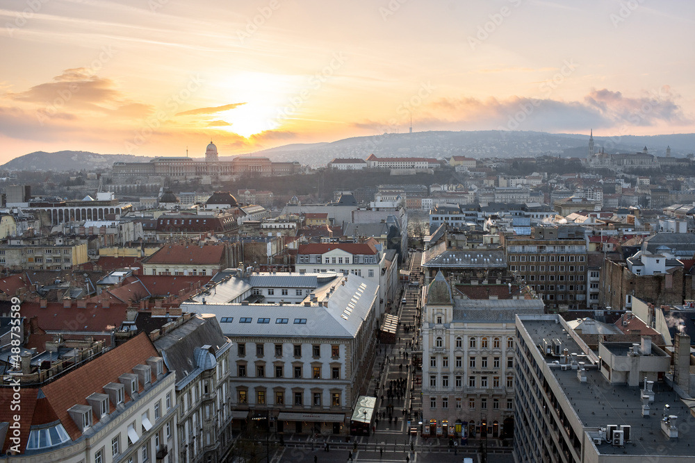 Budapest, Hungary - Panoramic view of Budapest from the colonade of St. Stephen's Basilica at sunset. View of the cathedral towers. Evening time.
