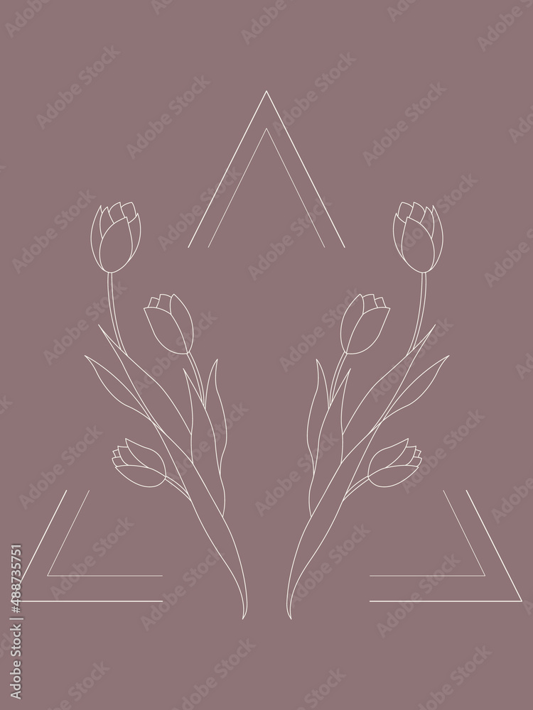 Naklejka premium Floral Wreath branch in hand drawn style. Floral triangle brown and white frame of twigs, leaves and flowers. Frames for the Valentine's day, wedding decor, logo and identity template.