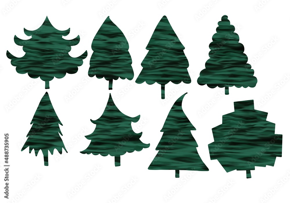 Set with Christmas trees for hobbies and cards and posters and postcard and magazines and stickers and kids and shops