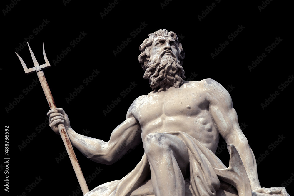 The mighty god of the sea and oceans Neptune (Poseidon) The ancient statue isolated on black background. - obrazy, fototapety, plakaty 