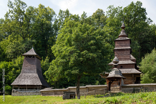 The Greek Catholic wooden church of St Nicolas from a village Zboj located in the museum of Folk Architecture in spa of Bardejov  Slovakia