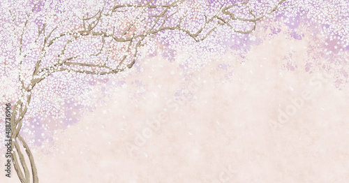 Tree and branches on the old vintage background. Sakura flowers. Floral background in loft, modern style. Design for wall mural, card, postcard, wallpaper, photo wallpaper.