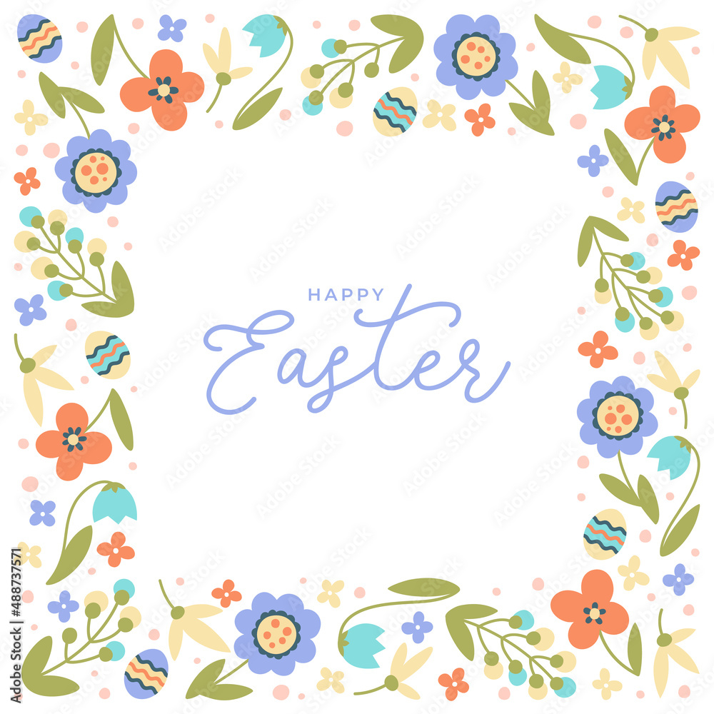 Happy Easter greeting card with eggs and colorful flowers. Frame with spring flowers. Template with place for your text Happy Easter greeting card with eggs and colorful flowers. Frame with spring flowers. Template with place for your text