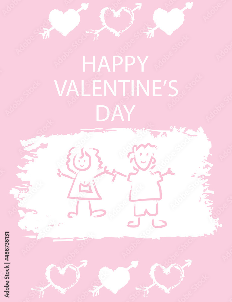 Greeting card with Valentine's Day. Vector Flyer template with text. Celebratory poster, banner for design. Flat illustration in grunge style for printing.