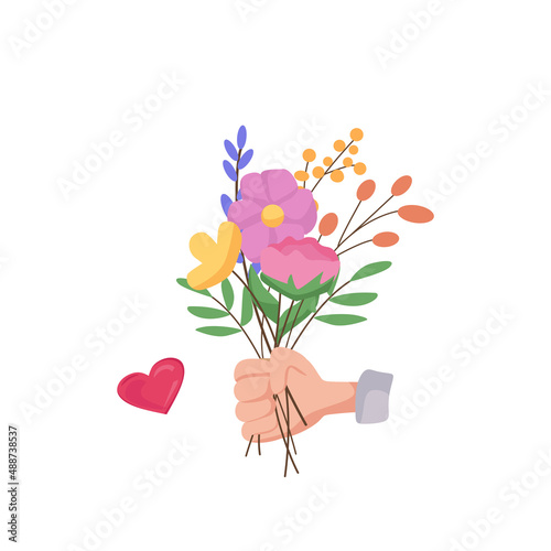 Bouquet of spring flowers in hand. Vector cartoon illustration. Holiday concept