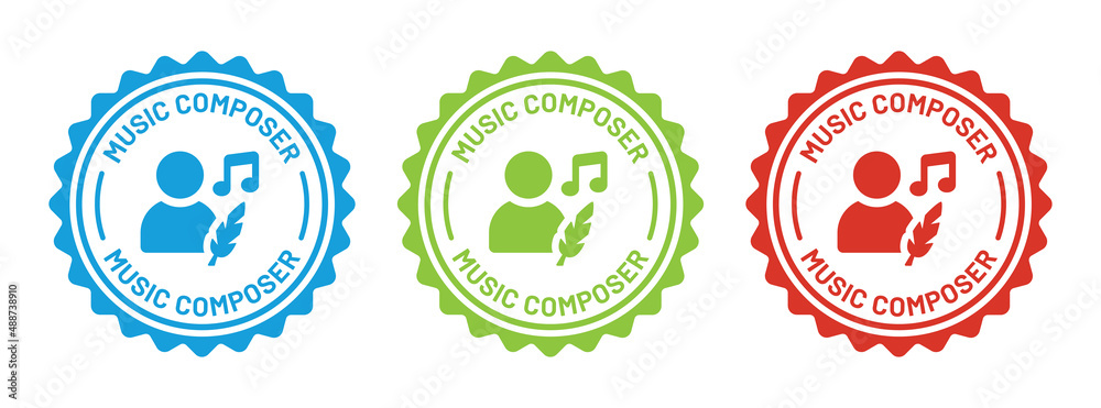 Music composer icon on badge stamp symbol. Songwriter icon design.