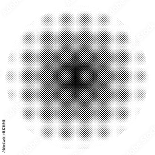 Halftone dot. Round faded pattern. Black circle isolated on white background. Design comic prints. Screentone dots. Radial point fadew gradation for overlay effect. Ring gradient. Vector illustration