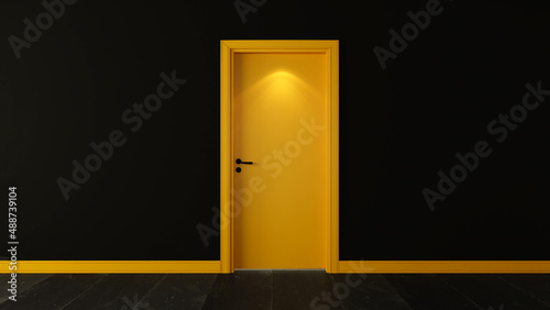 Yellow wooden door with dark black wall 3d rendering