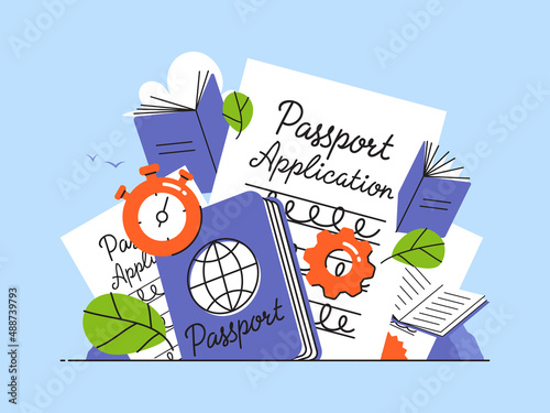 Passport application form with stopwatch and gear. Flat style vector illustration for citizenship and immigration services concept