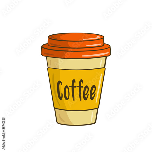 Coffee cup with label. Cartoon. Vector illustration. Isolated on white background
