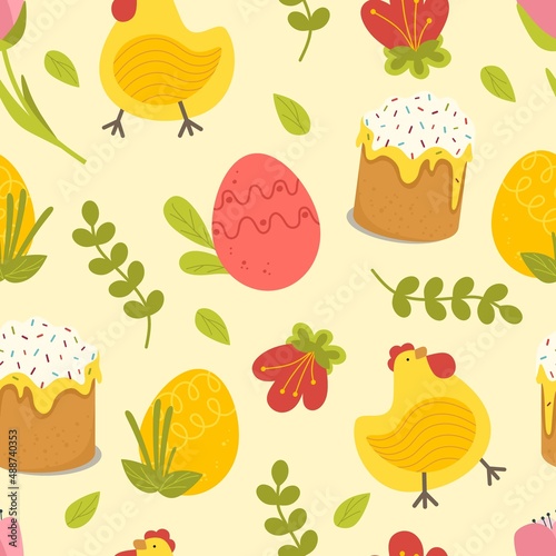 Fototapeta Naklejka Na Ścianę i Meble -  Easter pattern with a cake of eggs and chicken on a yellow background. Vector illustration in a flat style