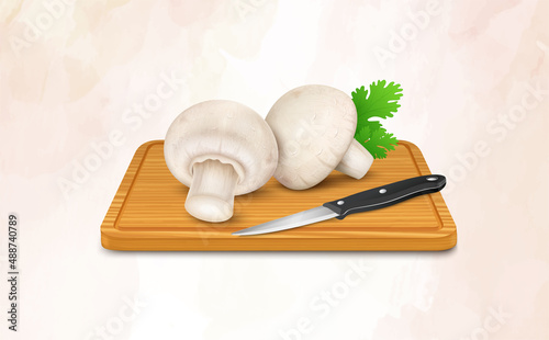 Mushroom vegetable vector illustration with sharp knife and wooden chopping board