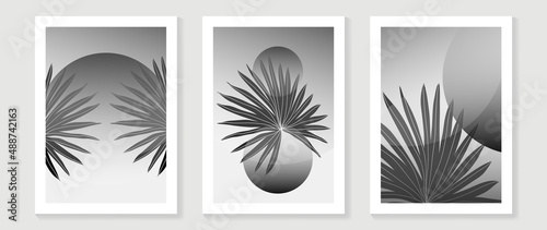 Set of abstract wall art template. Botanical design with tropical palm leaves and circle shapes in black gradient and hand drawn. Design for wall decoration, interior, prints, cover, and postcard.