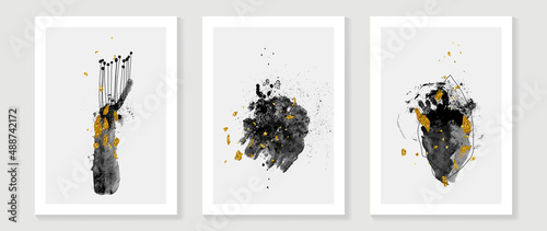 Set of abstract wall art template. Luxury design on white background with black paint, line art, and gold drops in hand painted. Design for wall decoration, interior, prints, cover, and postcard.