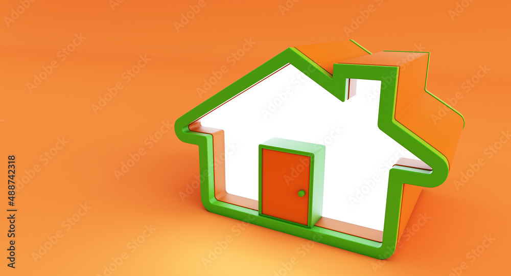green and house icon isolated on orange background. minimal style cute home. 3d rendering green and house icon isolated on orange background. minimal style cute home. 3d rendering