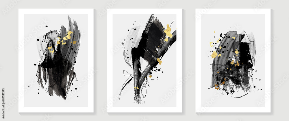 Set of abstract wall art template. Luxury design on white background with black paint, line art, and gold drops in hand painted. Design for wall decoration, interior, prints, cover, and postcard. - obrazy, fototapety, plakaty 