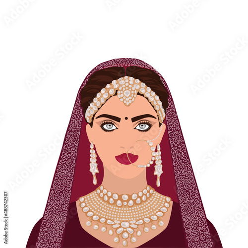 Portrait the beautiful Indian woman in a traditional saree.Vector illustration in a flat style isolated on a white background.