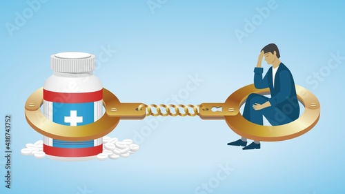 Handcuffs with man and pill bottle, medicine. Dimension 16:9. Vector illustration photo