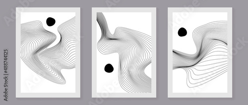 Set of abstract wall art template. Design on white background with black wave lines, wavy and curve line in seamless pattern. Design for wall decoration, interior, prints, cover, and postcard.