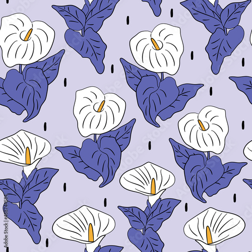 cute elegant beautiful very peri seamless vector pattern illustration background with beautiful calla flowers 	