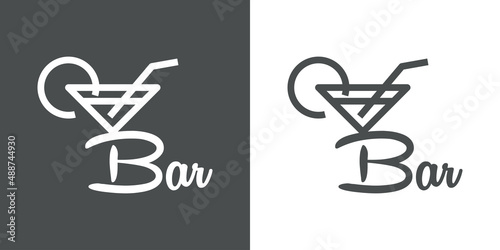Logotipo con texto Bar con forma de copa de cocktail con líneas en fondo gris y fondo blanco