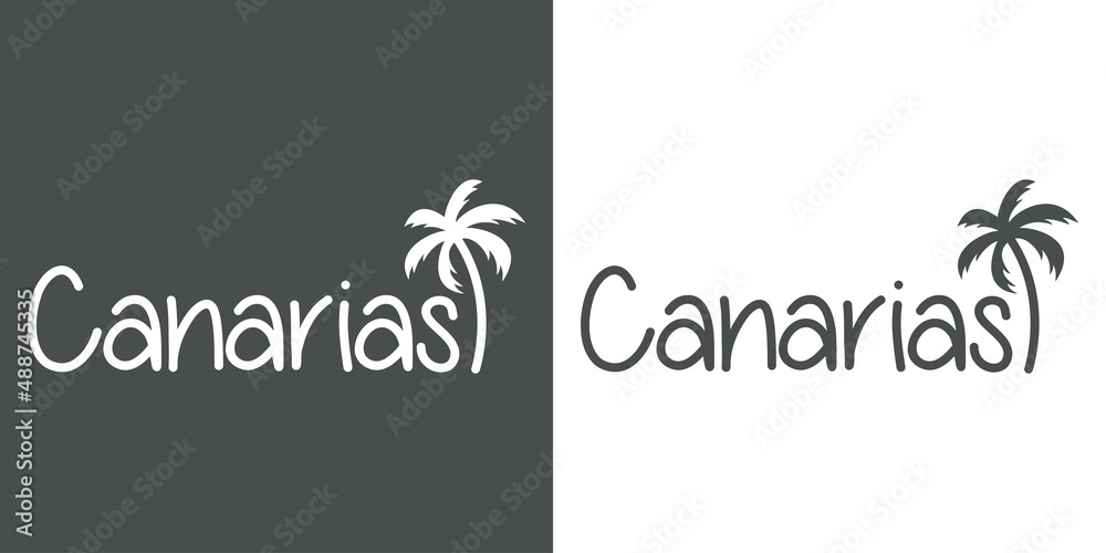 Canarias Beach. Destino de vacaciones. Banner con texto Canarias con silueta de palmera en fondo gris y fondo blanco